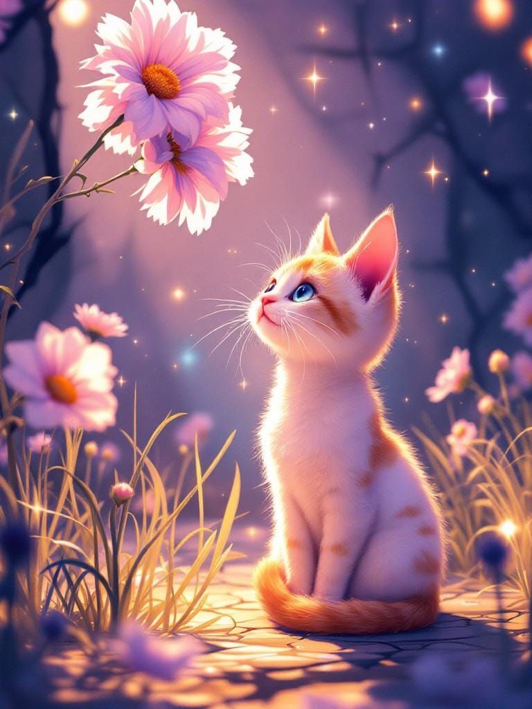 Cat Under Flower with Golden Lighting, Digital Art