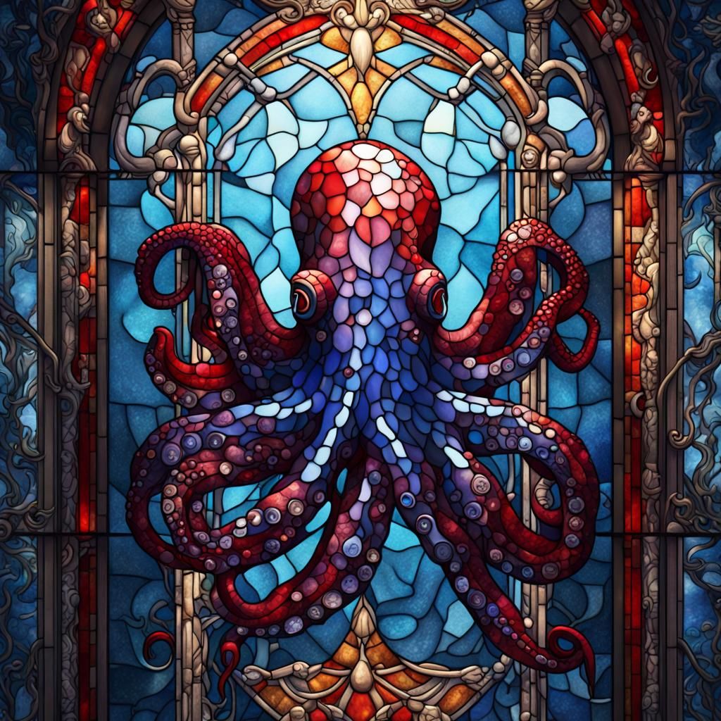 Stained Glass Octopus with Sapphire Hues in 8K