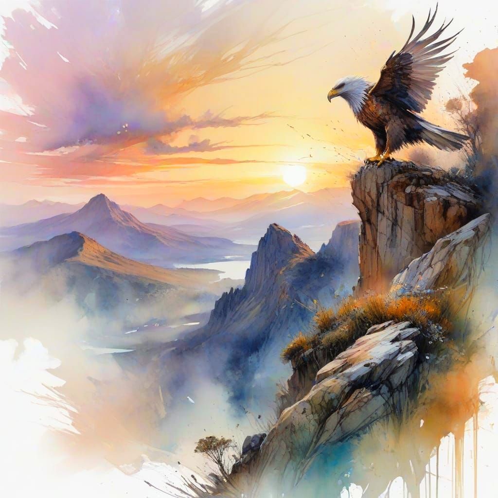 Ethereal Sunset Mountainscape with Eagle Perched