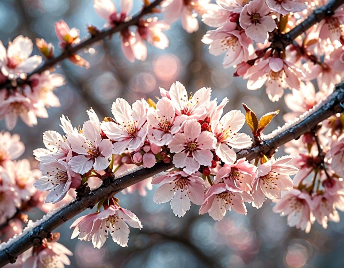 Icy Cherry Blossoms in Early Spring Sunlight
