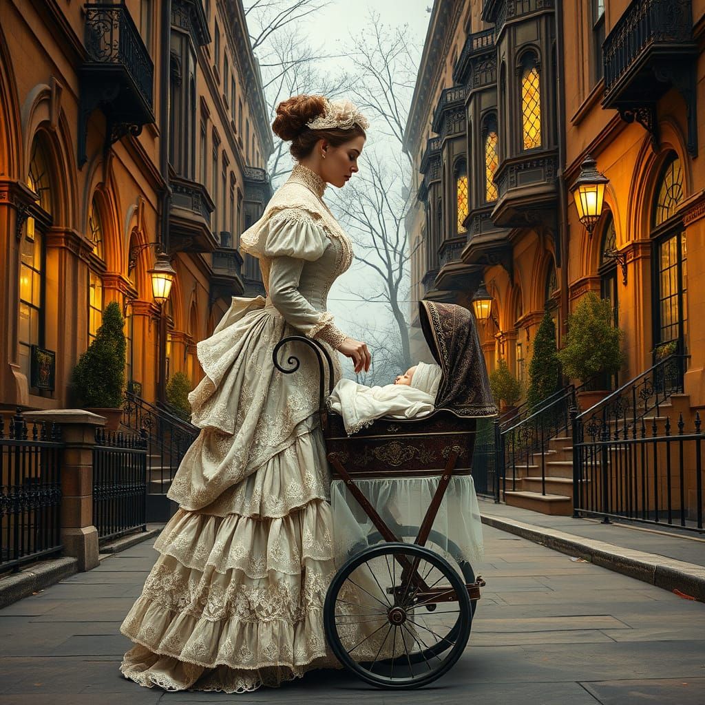Victorian Lady Strolls with Pram in Gentle Evening Light