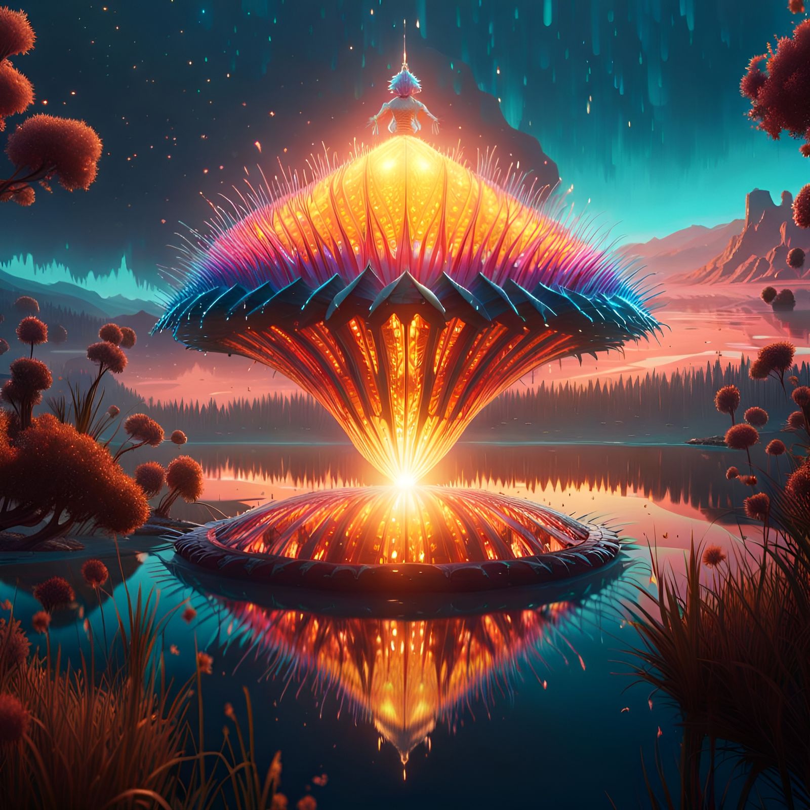 Iridescent Beast Above Lake Reflection in Digital Art