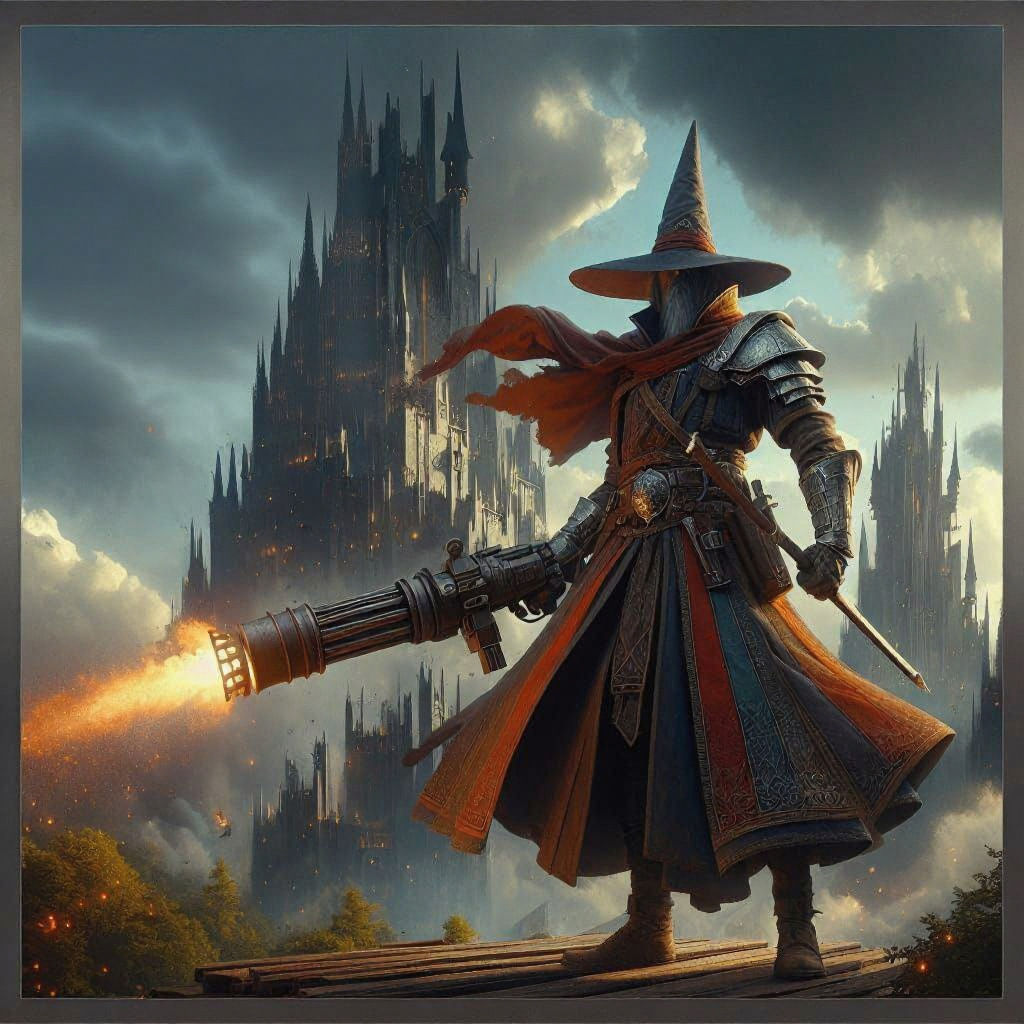 Fantasy Wizard Wields Bazooka in Matte Painting Style