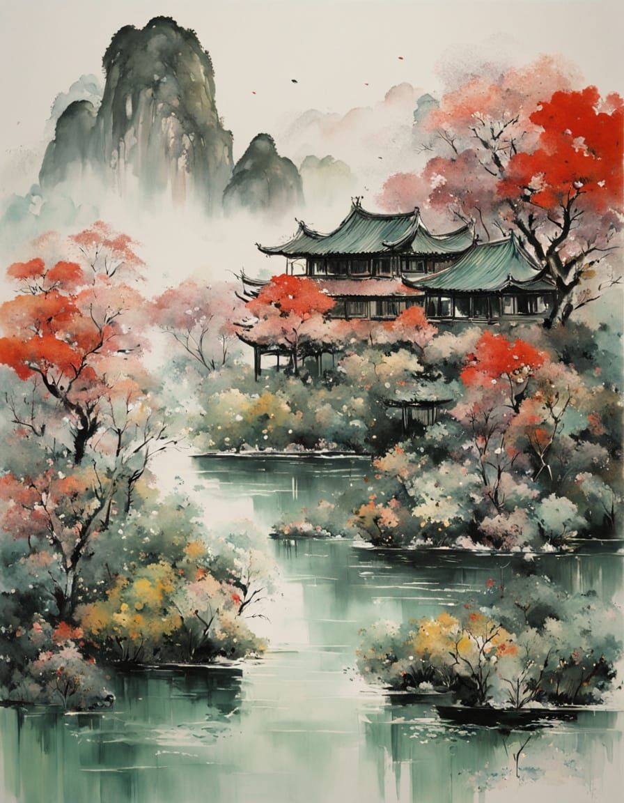 Iridescent Fairy Sits on Vibrant Mushroom in Traditional Chi...