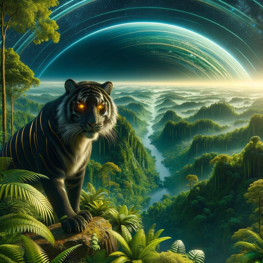 Sci-Fi Black Tiger Overlooking Jungle