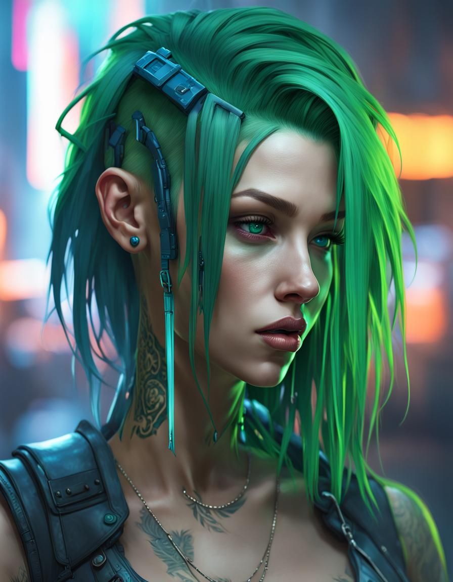 Cyberpunk Girl Portrait with Green Hair, Digital Art