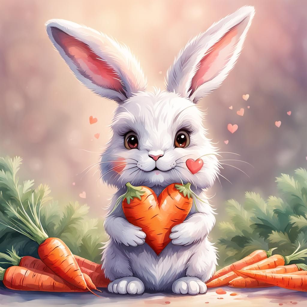 Fluffy Bunny with Carrot Heart: Watercolor Art
