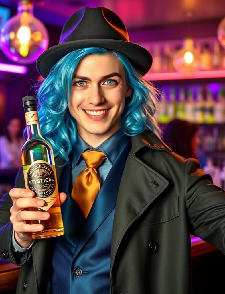 Charming Man with Neon Hair in a Purple Bar