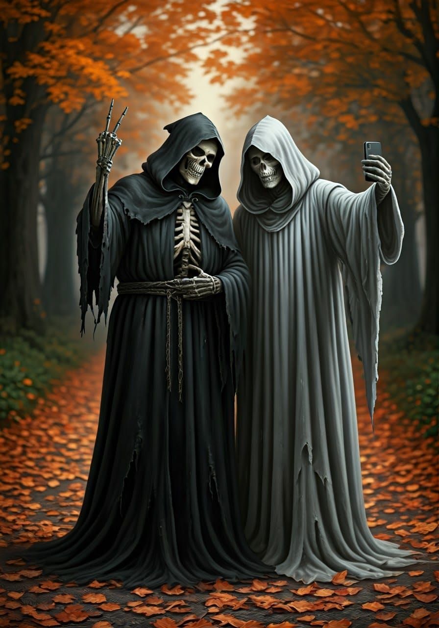 Grim Reaper and Ghost Selfie in Autumn Landscape