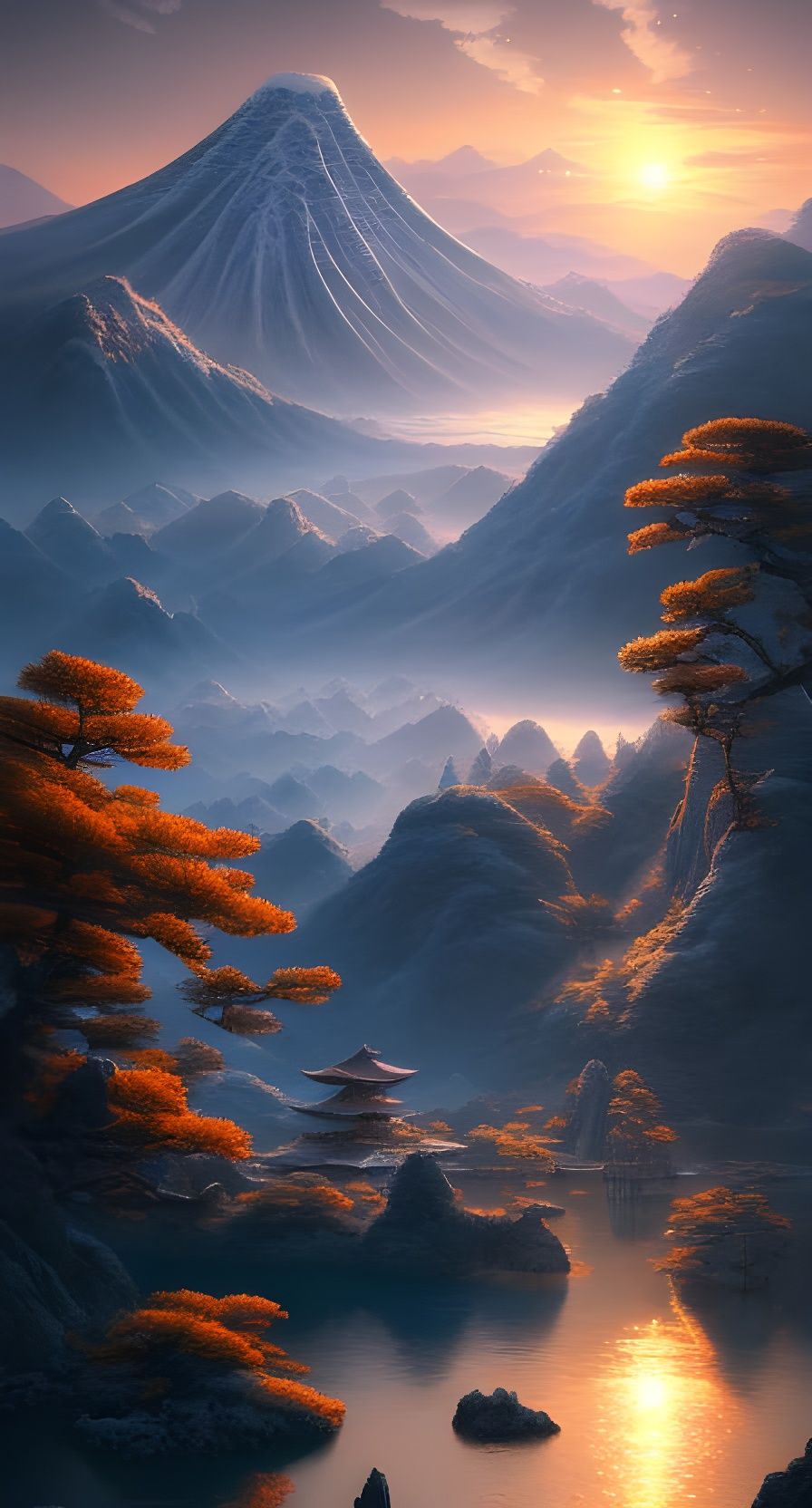 Magical Japanese Mountain Sunset in Hyper-Realistic Style