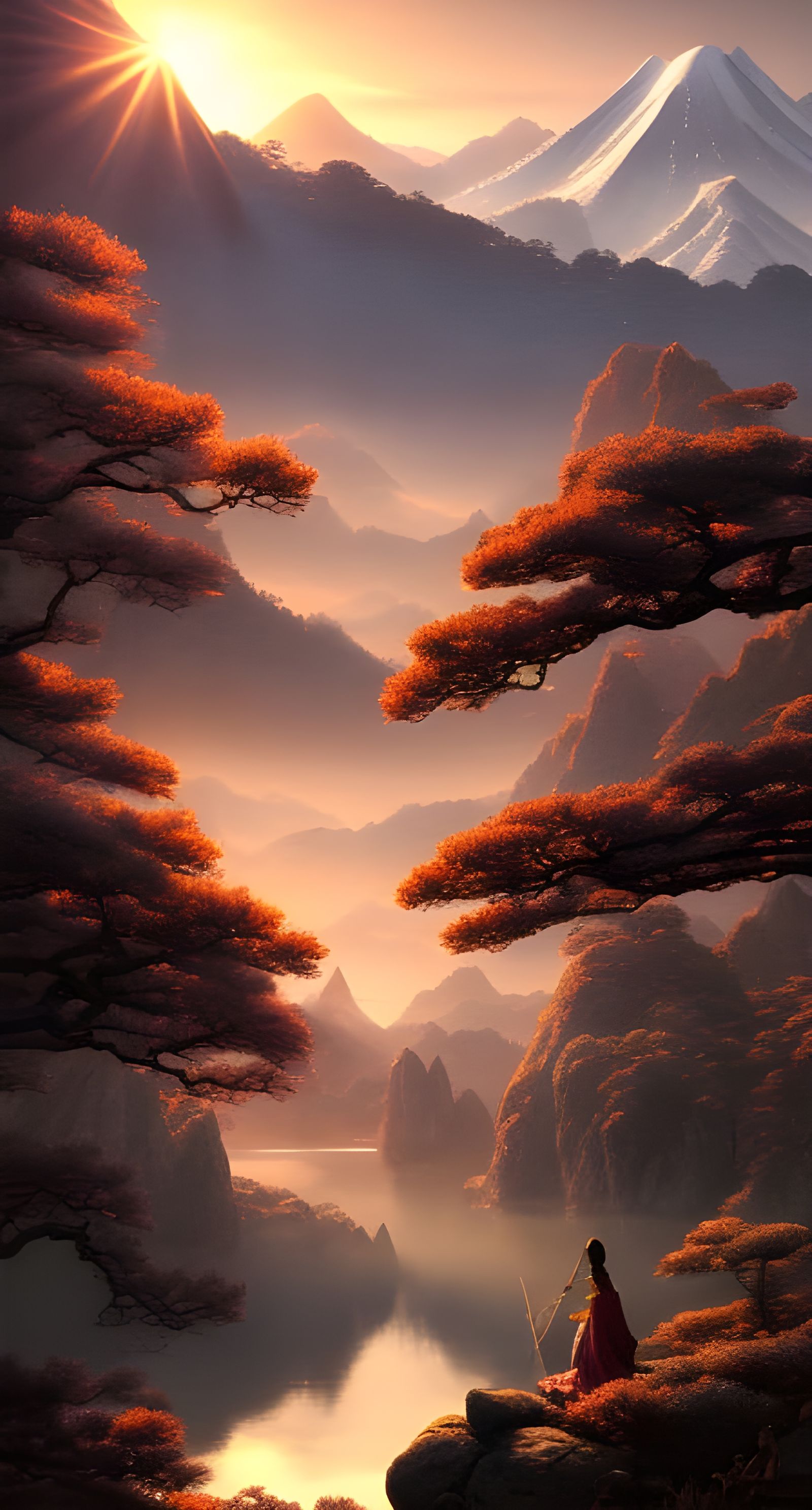 Magical Japanese Mountain Sunset in Hyper-Realistic Style