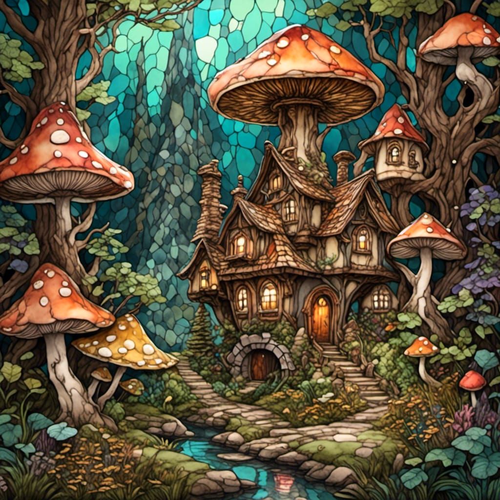 Steampunk Mushroom Village in Antique Watercolor Style