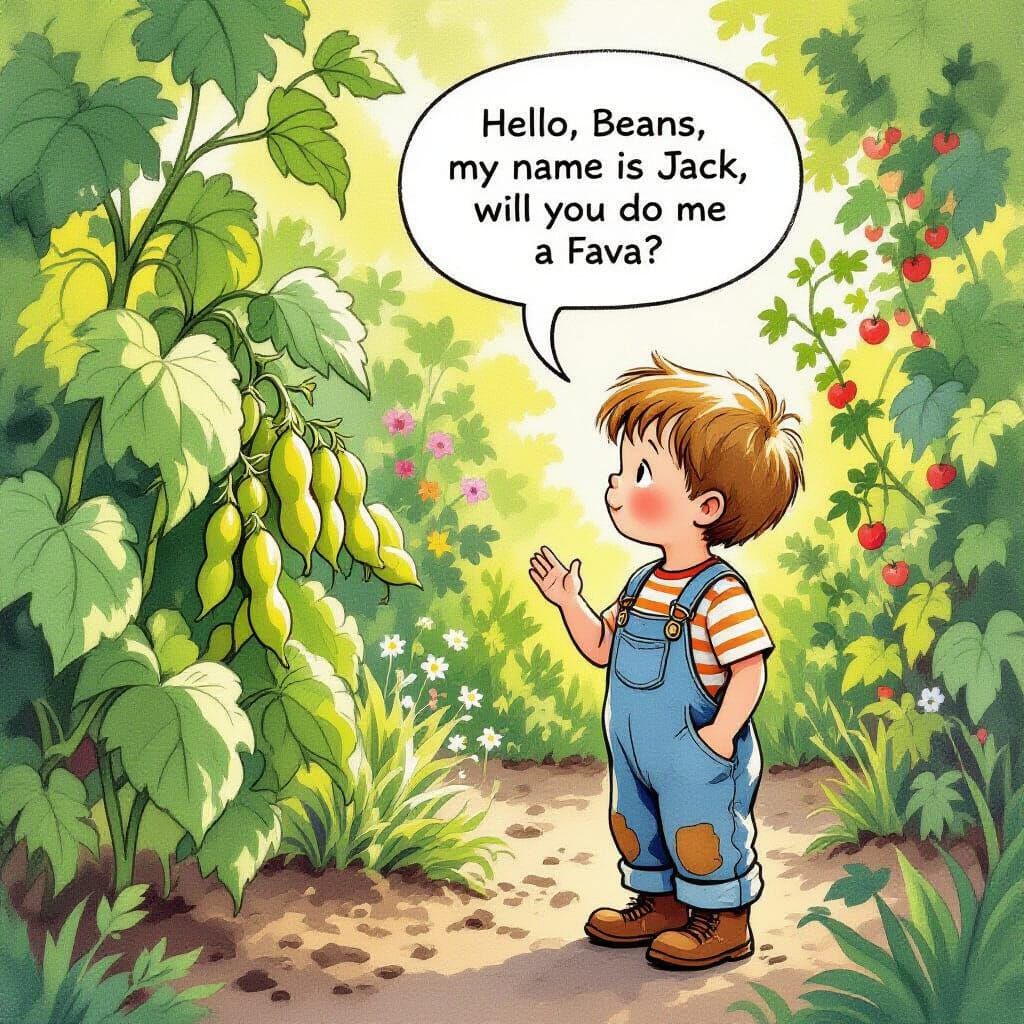 Boy Talks to Giant Beans in Storybook Garden