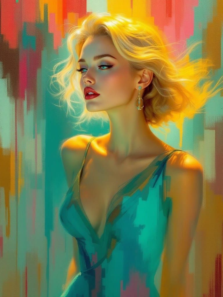 1950s Pin-Up Woman in Teal Dress, Sci-Fi Elegance