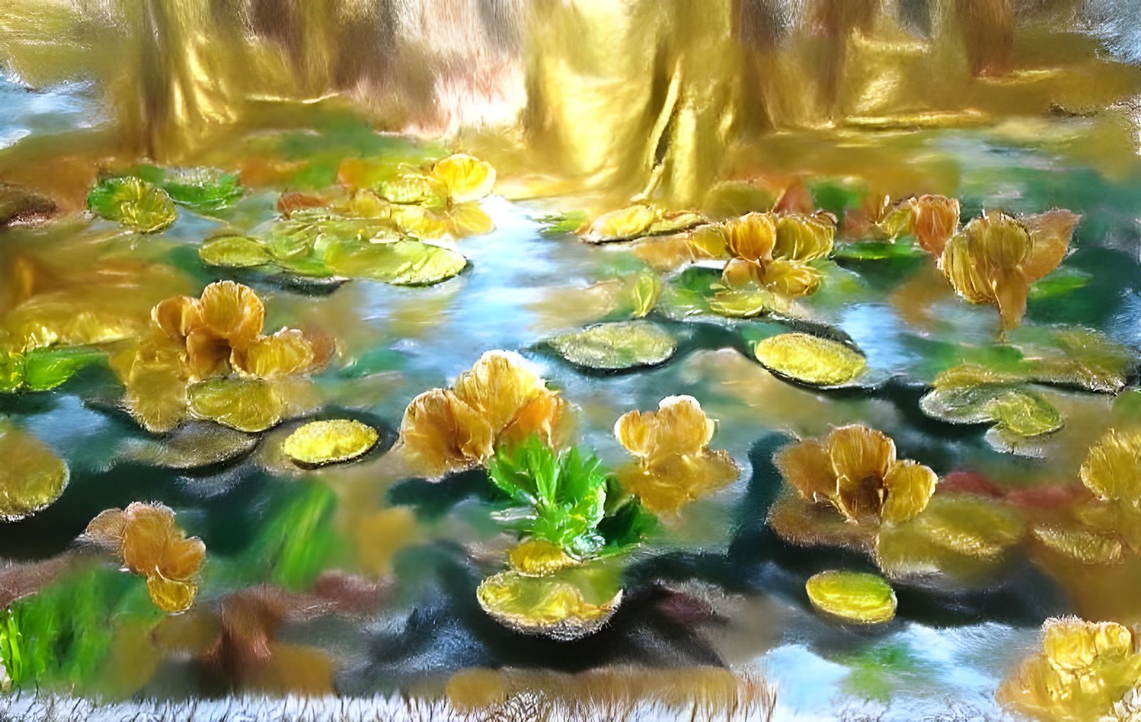 Monet-Inspired Water Lily Pond in Sunlight