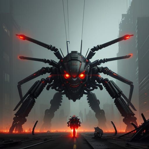 Cyberpunk Spider Tank Ready to Strike Amidst Dystopian Ruins