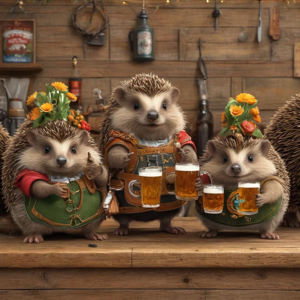 Hedgehogs Celebrate Oktoberfest in Bavarian Beer Hall