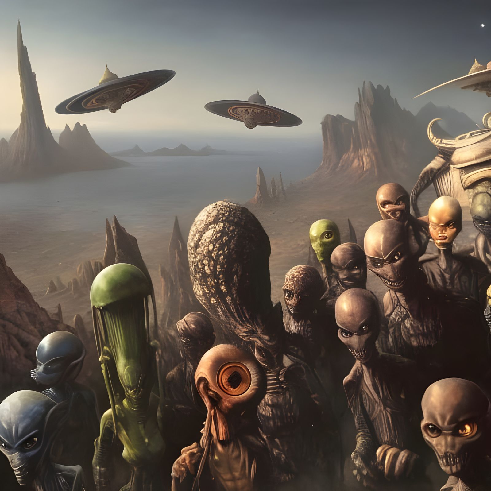Alien Cartoon Characters in Surreal Landscape