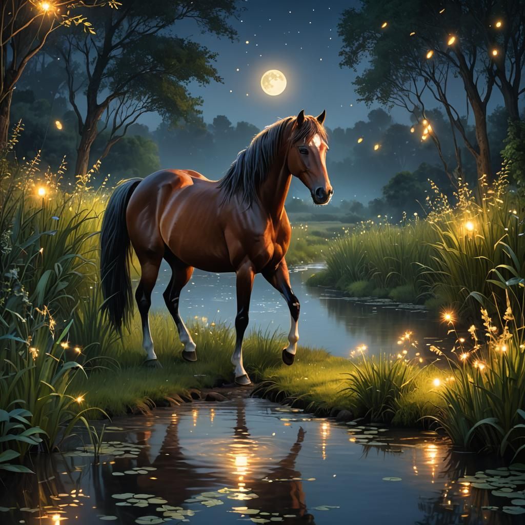 Horse with Fireflies and Fairy Lights in Moonlight
