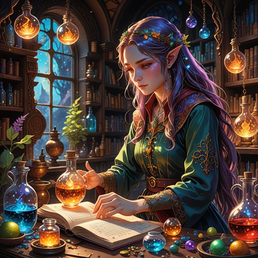 Elf Sorceress Prepares Potions in Magic Lab