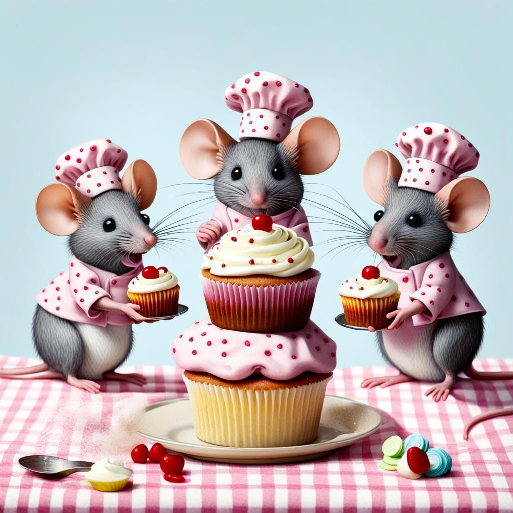 Mice Baking Cupcakes in Miniature Kitchen