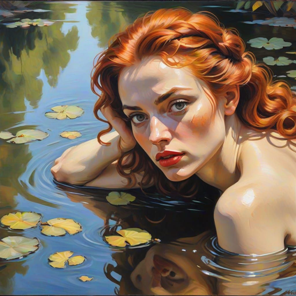 Redhead Woman Reflecting, Baroque Style Oil Painting