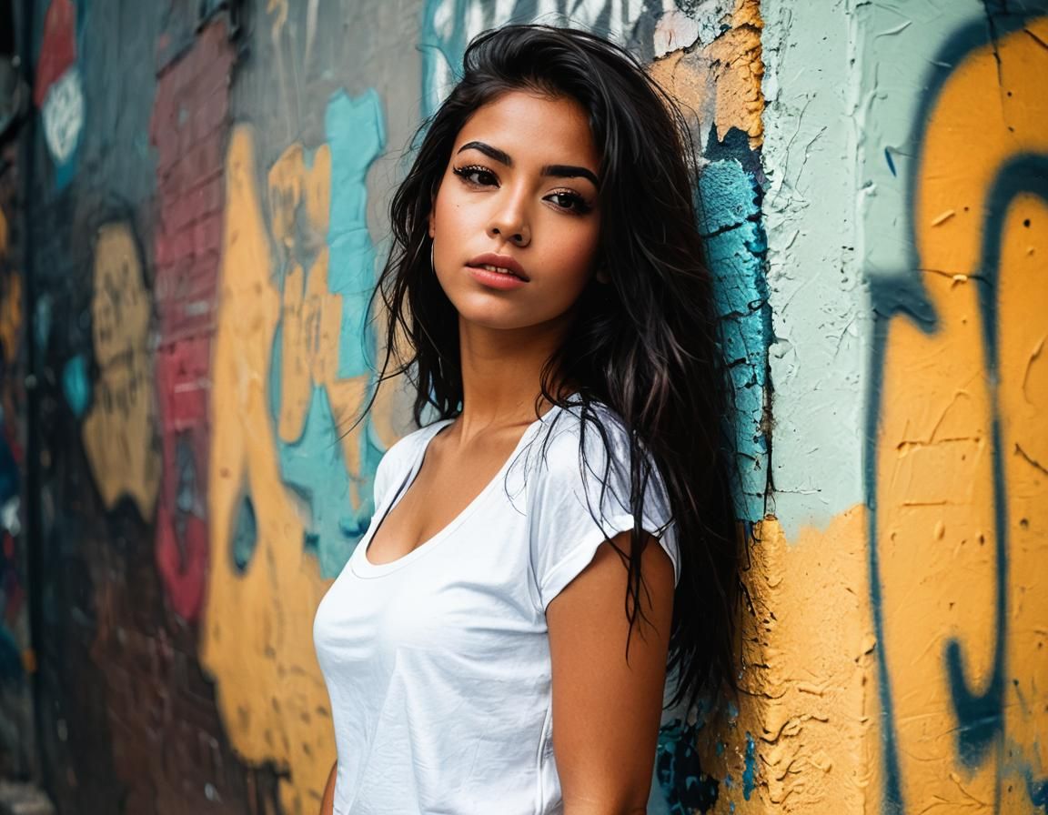 4 Pictures (2): A beautiful Latina woman in white t-shirts and shorts.