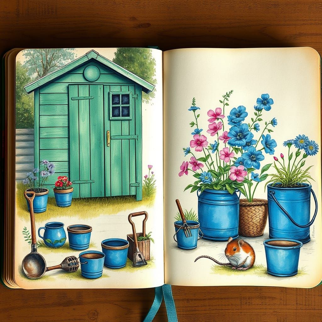 Dreamy Garden Shed Collage in Impressionist Style