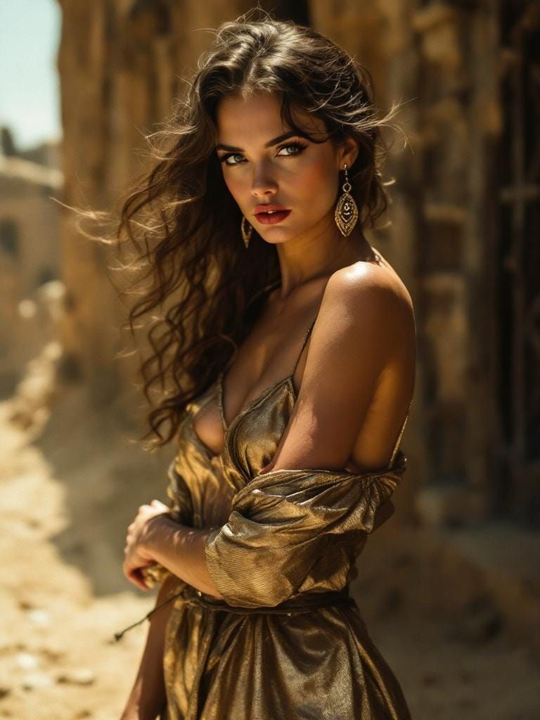 Metallic Gold Dress in Bleached Light, Sharp Shadows