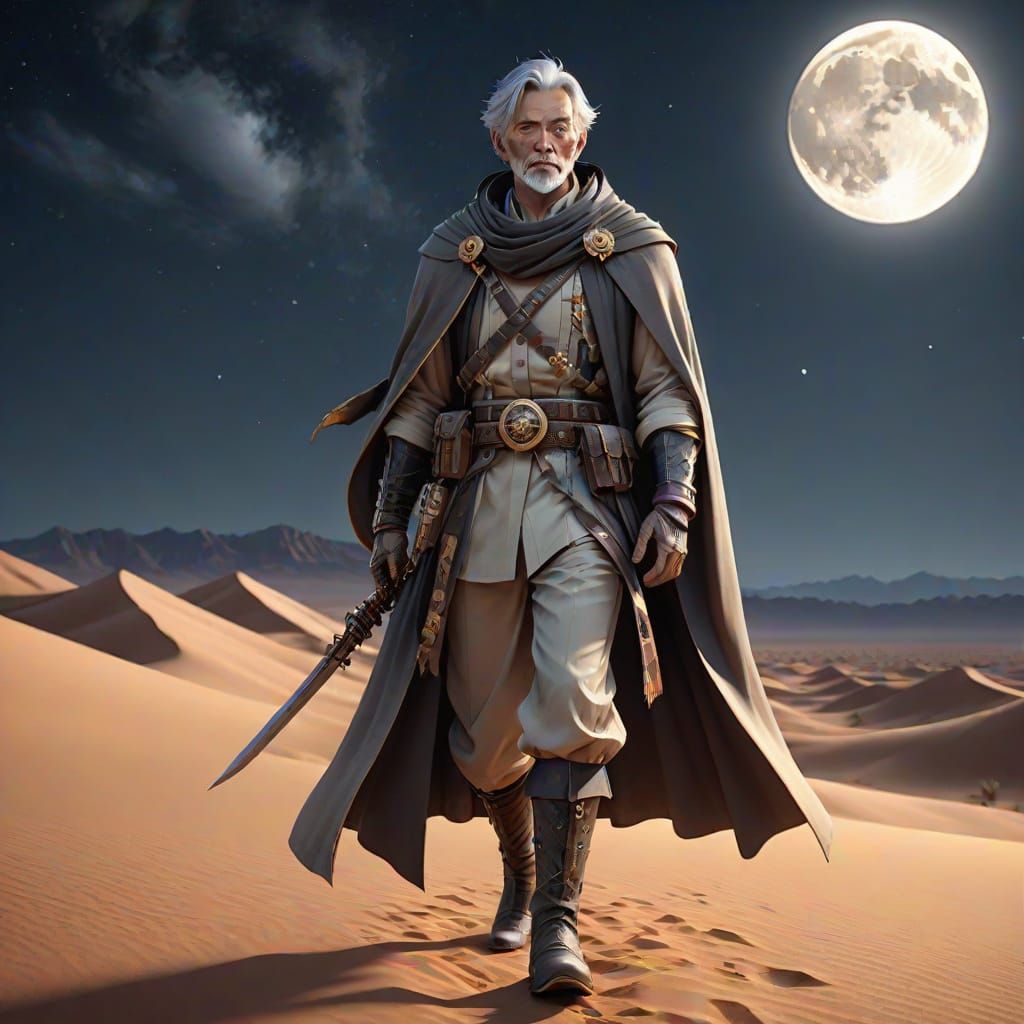 Middle-Aged Hero Walking Under Full Moon in Desert Landscape