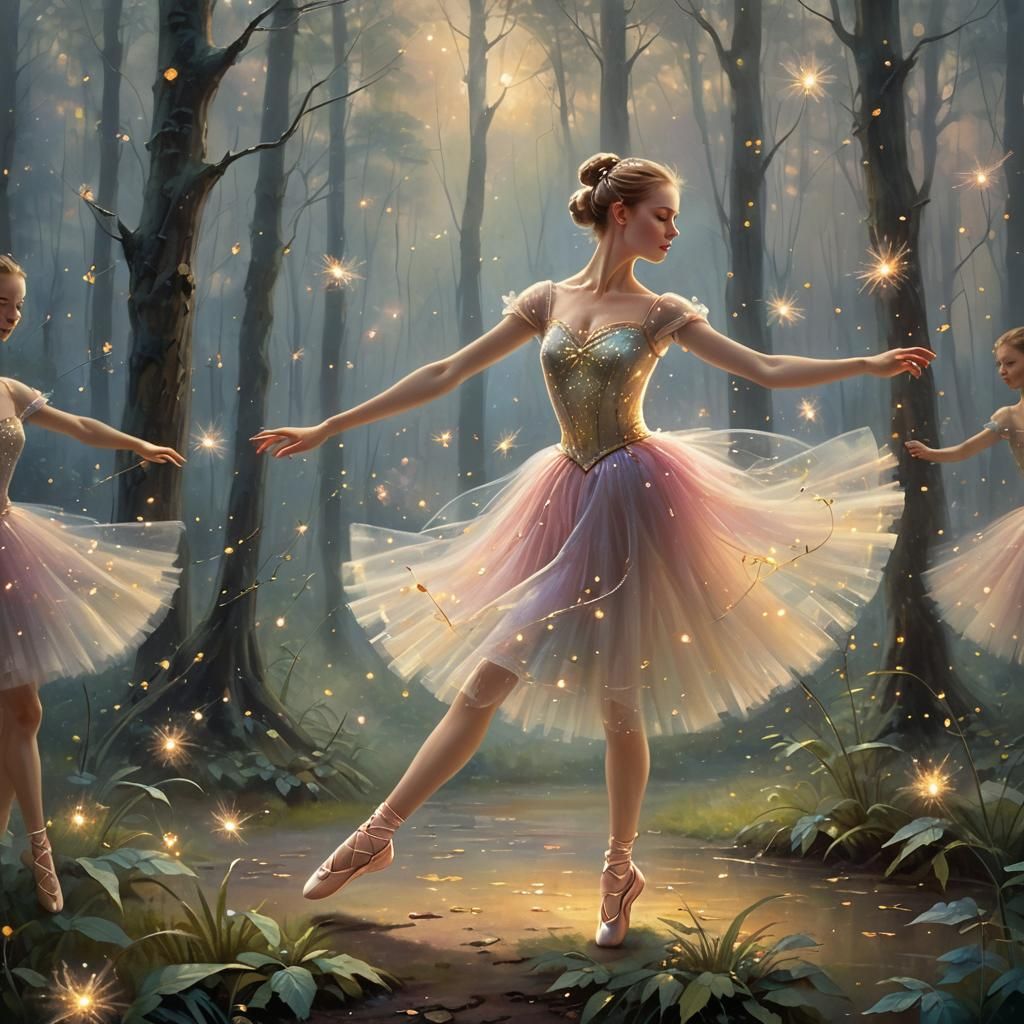 Ethereal Ballerina Dancing in Misty Forest