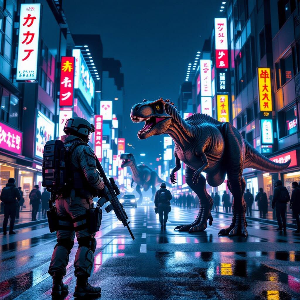 Dinosaurs Roam Tokyo with Modern Soldiers