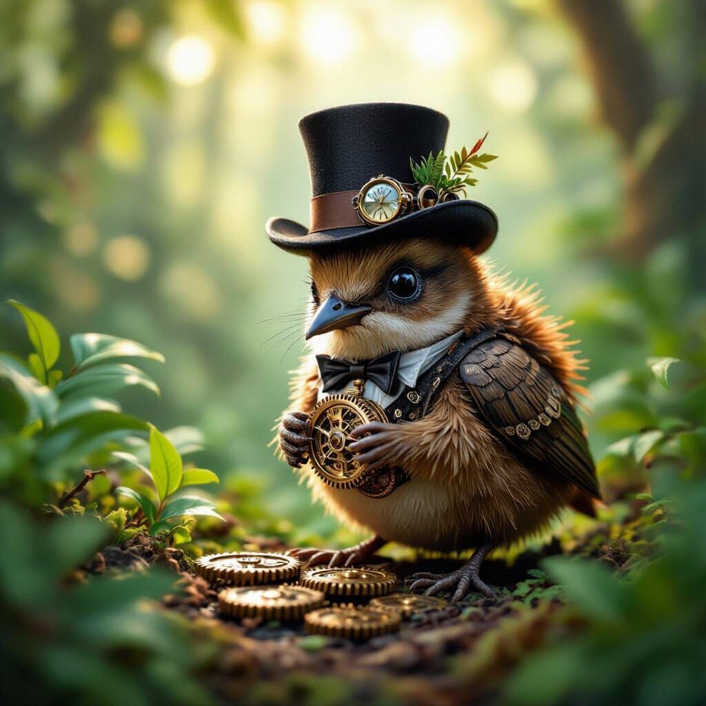 Steampunk Kiwi Bird in Top Hat with Clockwork Gears