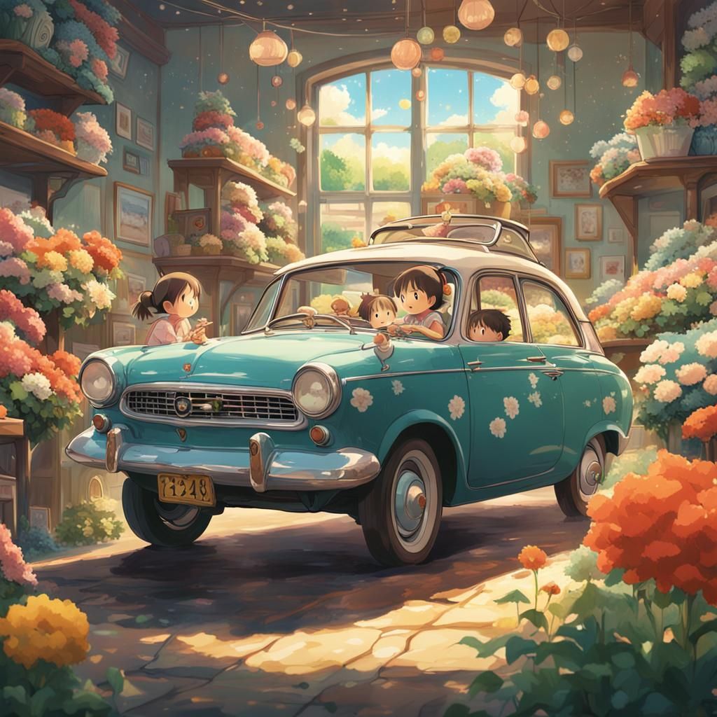 Two Girls in Retro Car with Flowers, Anime Style