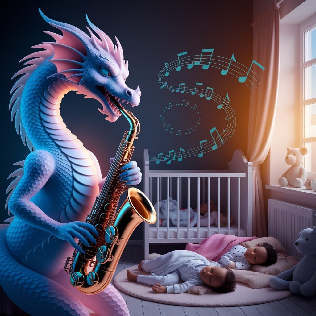 Enchanting Dragon Saxophonist in Double Exposure Nursery Sce...