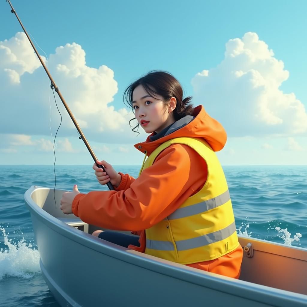 Chinese Woman Fishing in Rowboat, Hyper-Realistic Art