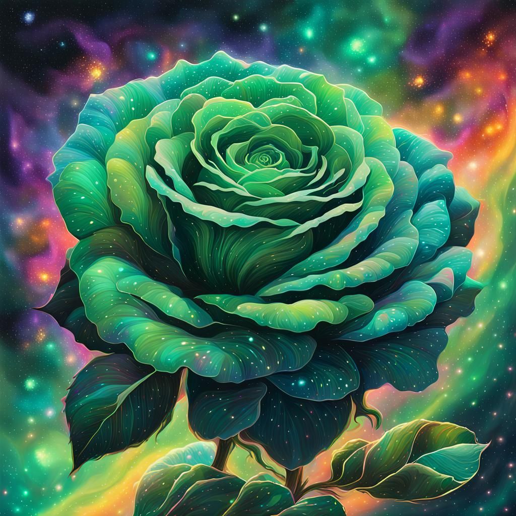 Ethereal Green Roses Bloom in Cosmic Nebula
