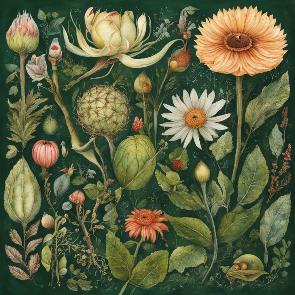 Art Brut Botanical Illustration of Forest Flora and Fauna