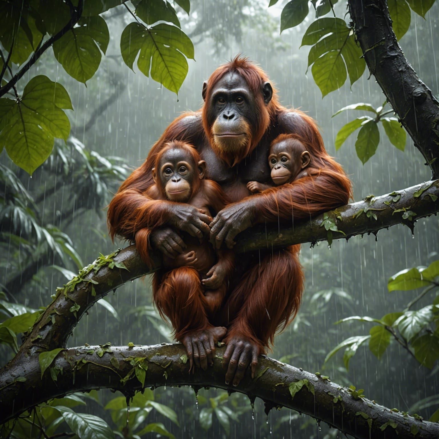 Mother Orangutan and Baby in Rainy Forest