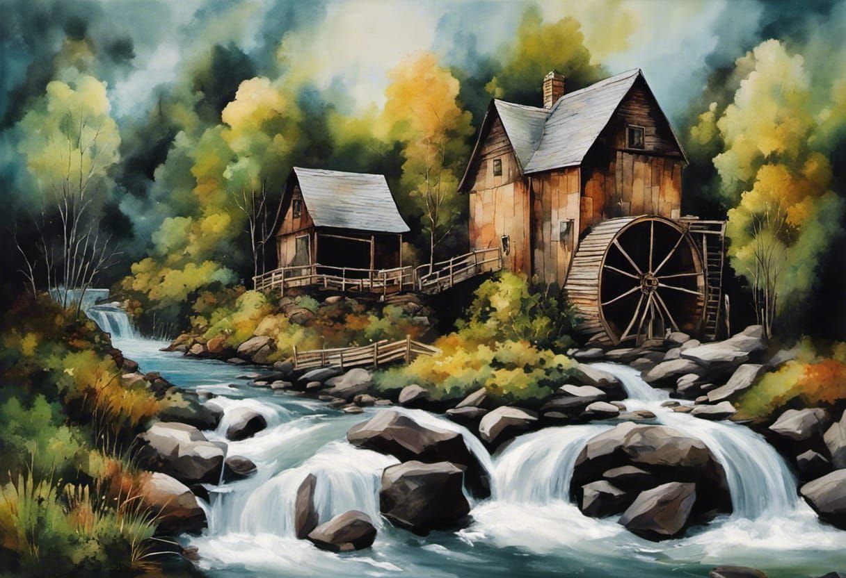 Magical Watermill and Cascade in Splash Art Style