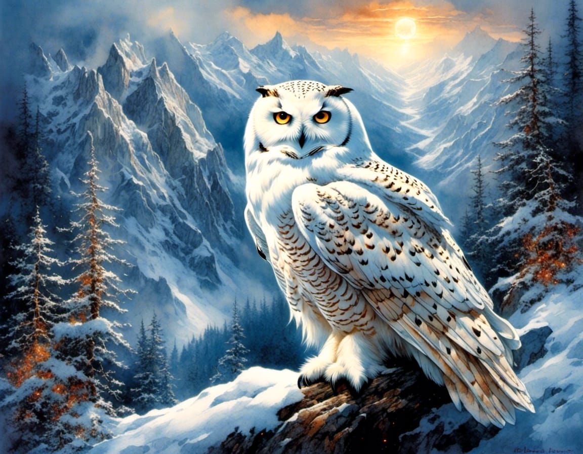 Snow Owl in Ethereal Fantasy Mountains