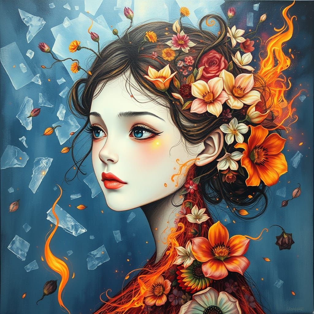 Neo-Impressionist Girl Made of Flowers in Triple Exposure