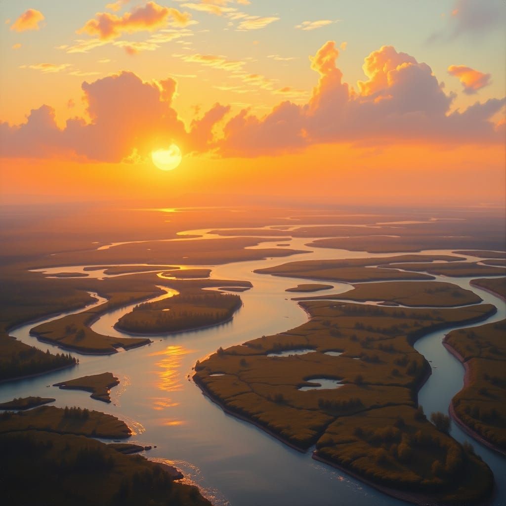 Golden Delta Sunset Amidst Majestic Labyrinthine Waterways