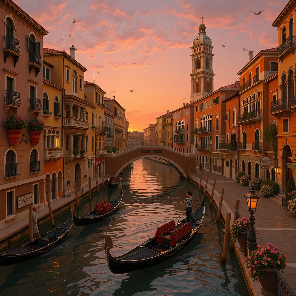 Venice Sunset Canal Scene in Golden Light