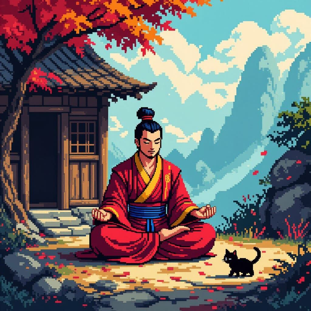 Taoist Monk with Kitten in Vibrant Pixel Art