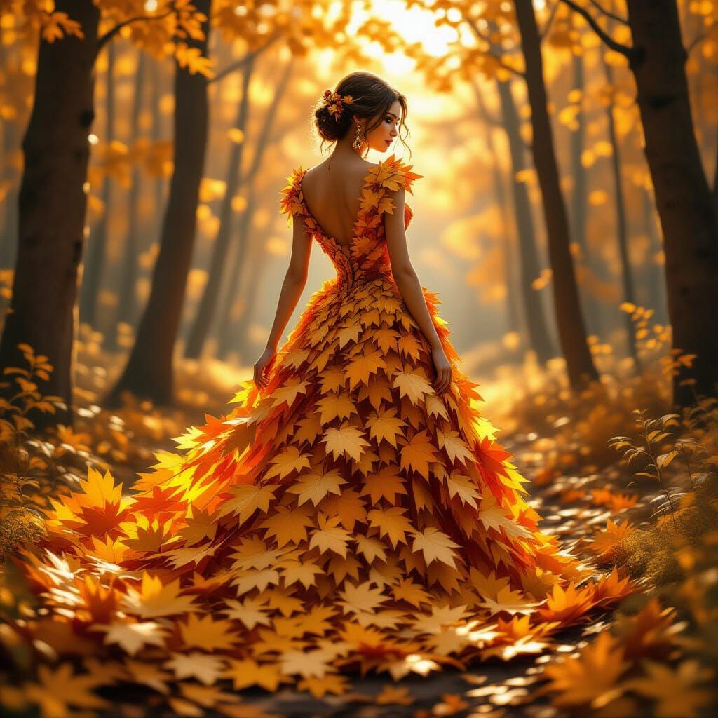 Autumnal Woman in Leaf Dress, 3D Render