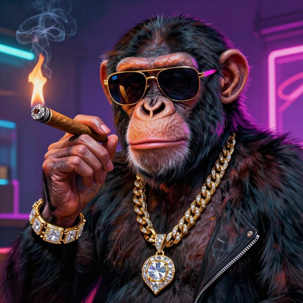 Stylish Chimpanzee with Diamonds and Cigar in Neon Light