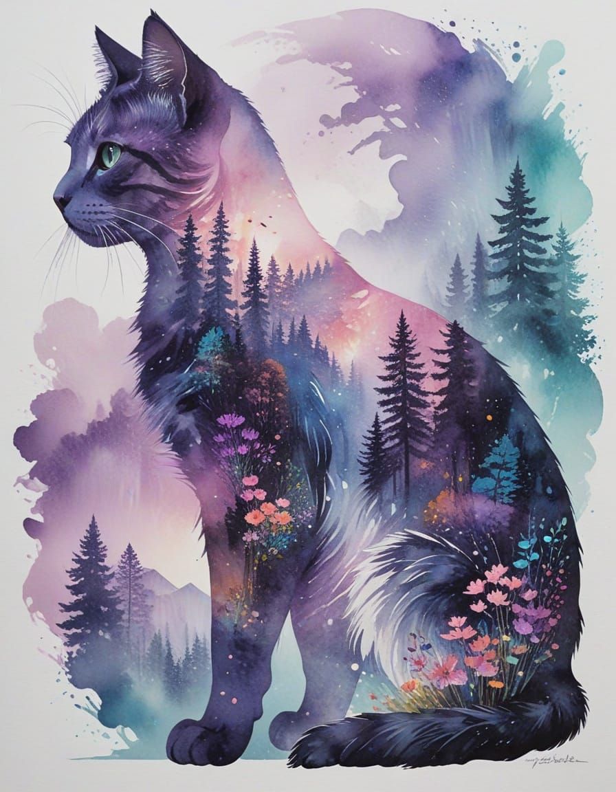 Watercolor Cat Landscape Double Exposure Art