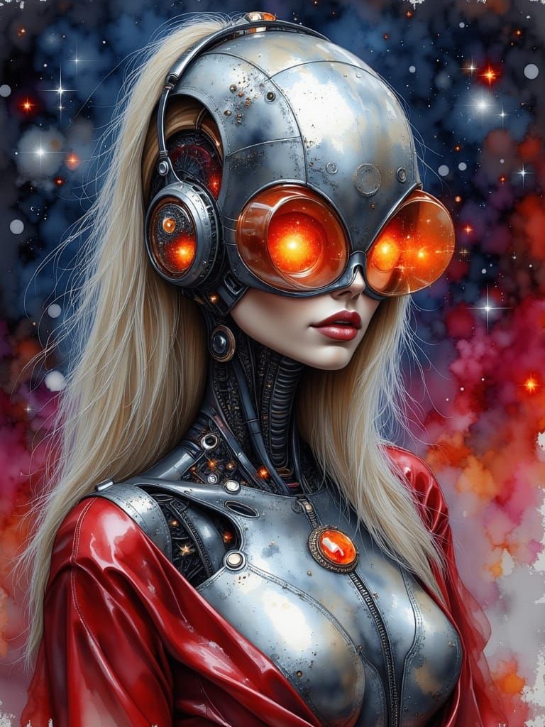 Space Station Android Woman in Watercolor Style