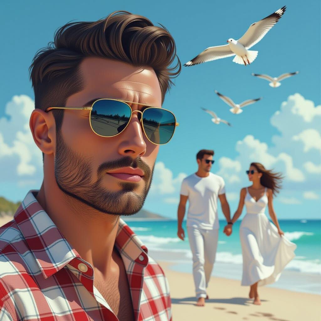 Stylish Man on Beach: 3D Rendered Digital Art